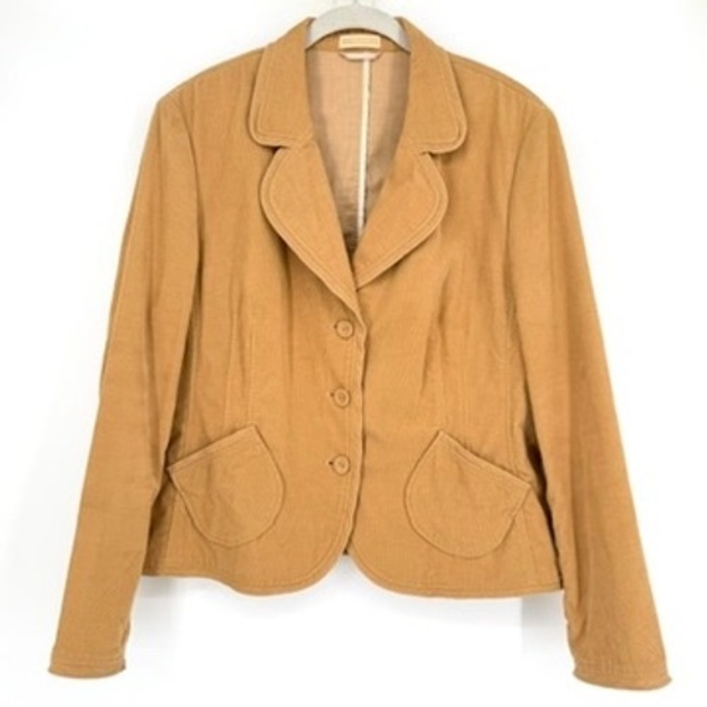 St. Emile Cropped Corduroy Blazer Jacket Tan Three Button Pockets 14